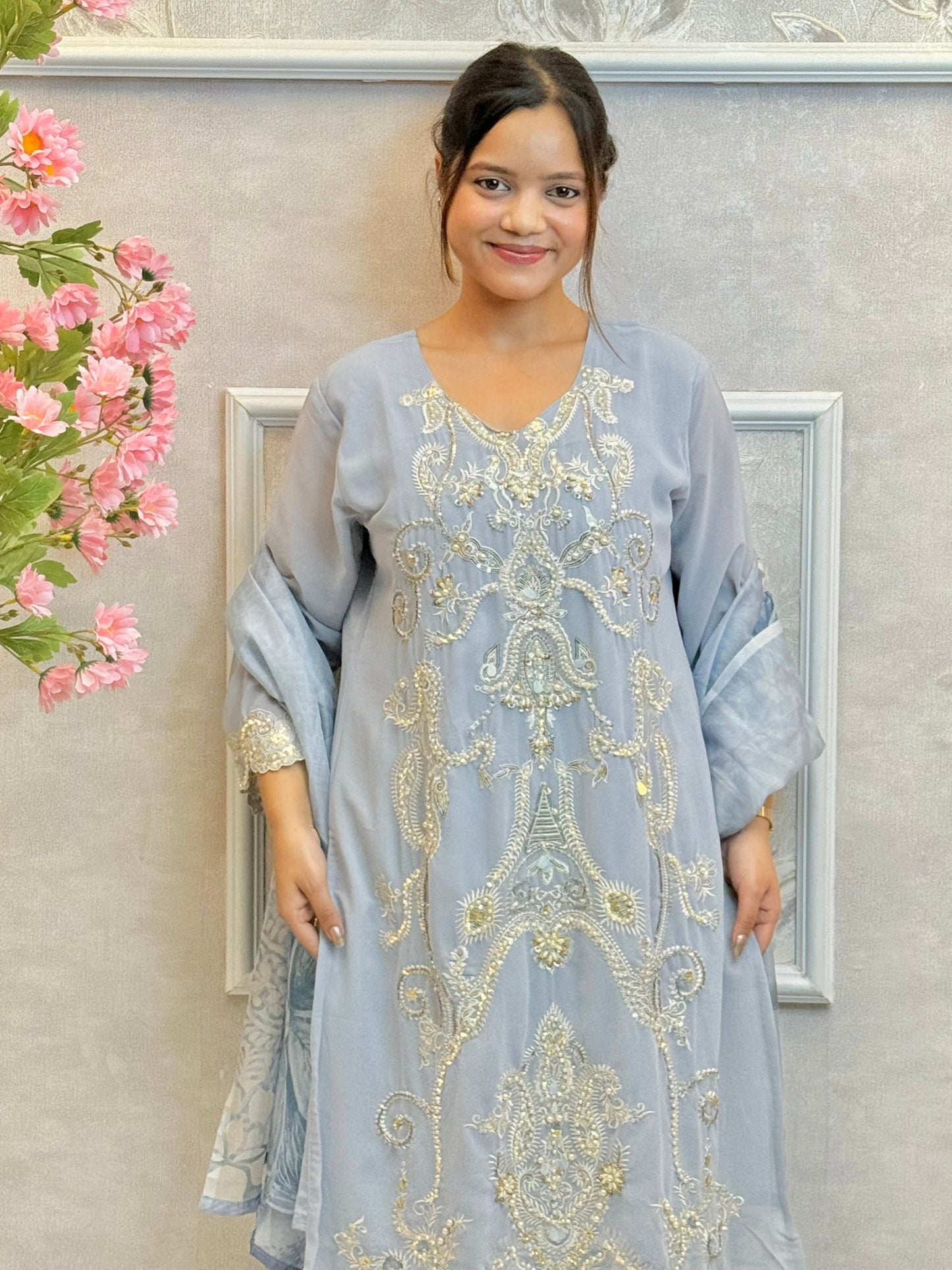 Powder blue embroidered georgette kurta with cotton pant and printed dupatta