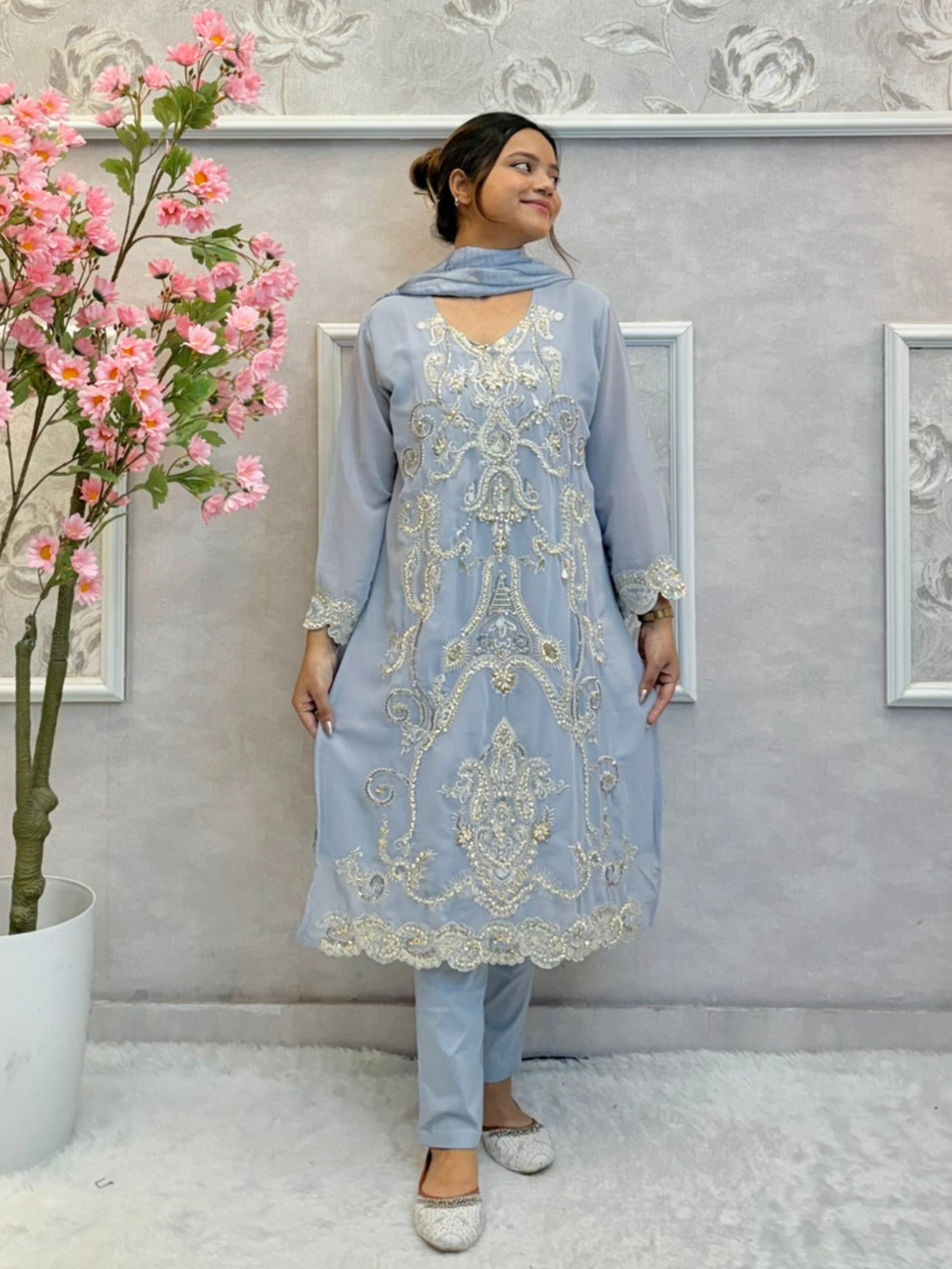 Powder blue embroidered georgette kurta with cotton pant and printed dupatta
