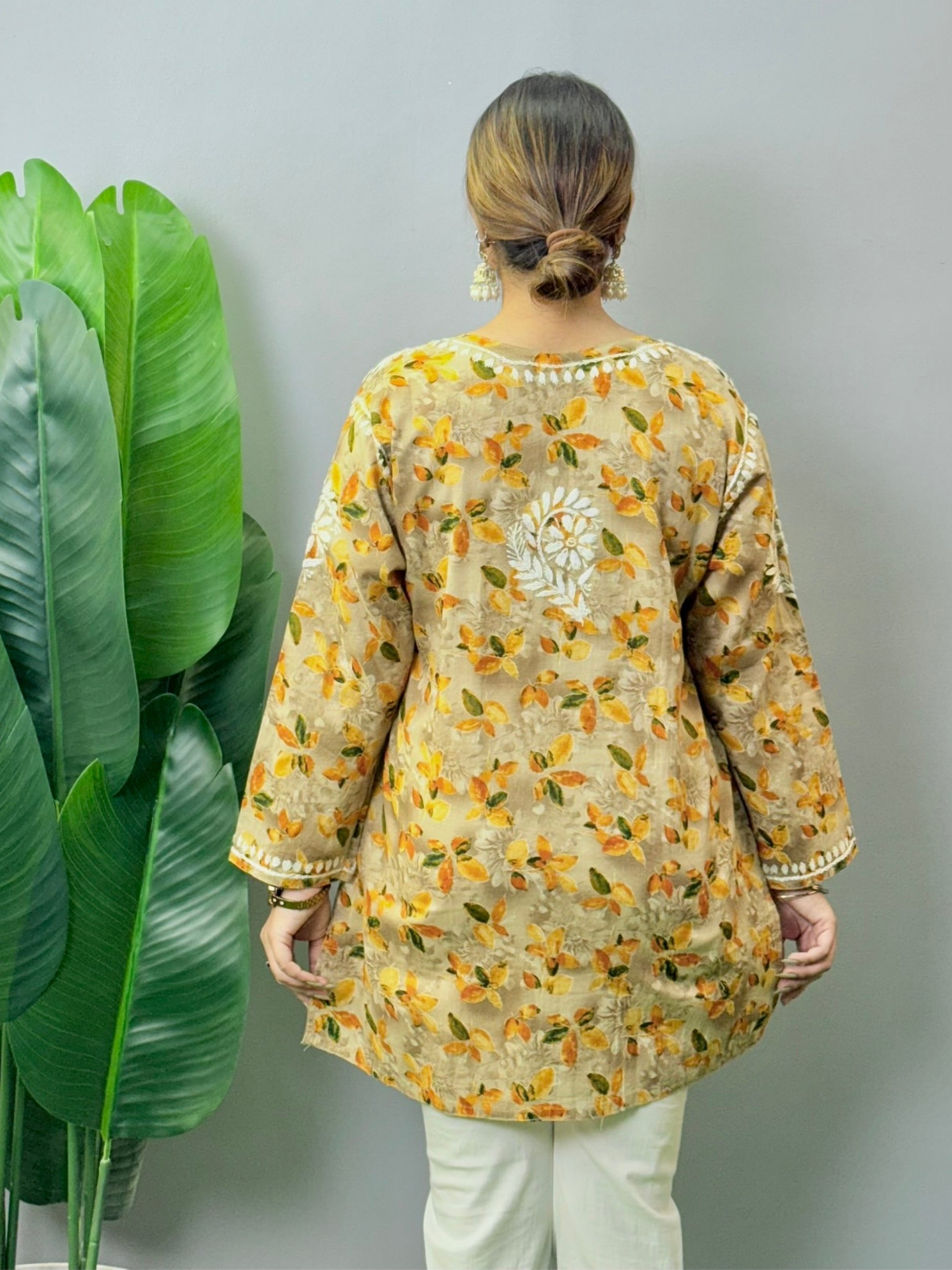 Beige mulmul printed short kurta with Lucknowi Chikankari hand embroidery, soft and comfortable casual wear