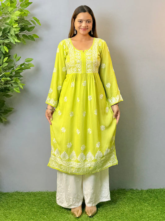 Lime green modal chikankari kurta with hand embroidery and pocket design