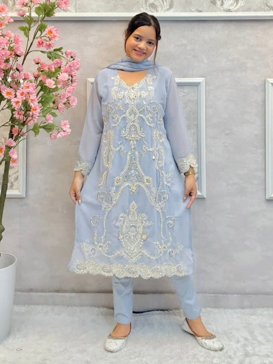 Powder blue embroidered georgette kurta with cotton pant and printed dupatta