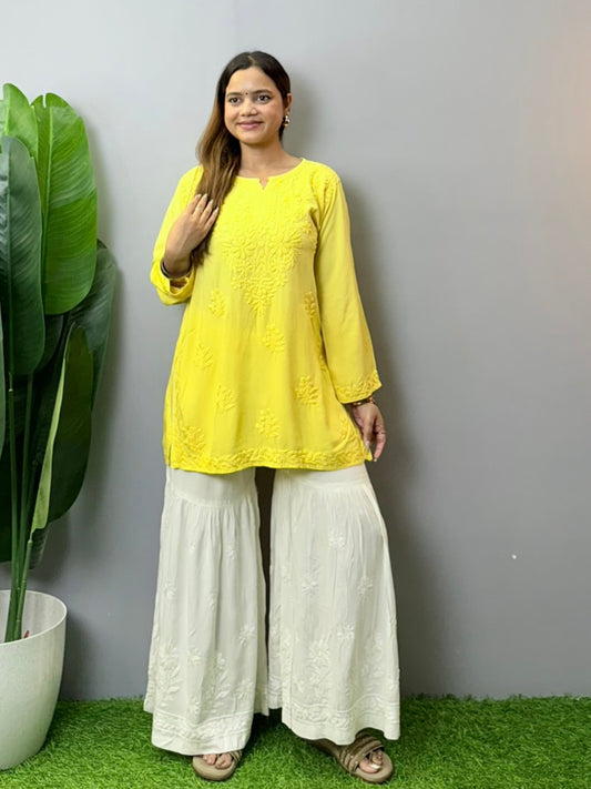 Sunshine yellow rayon short kurta with white hand embroidery in Lucknow Chikankari style