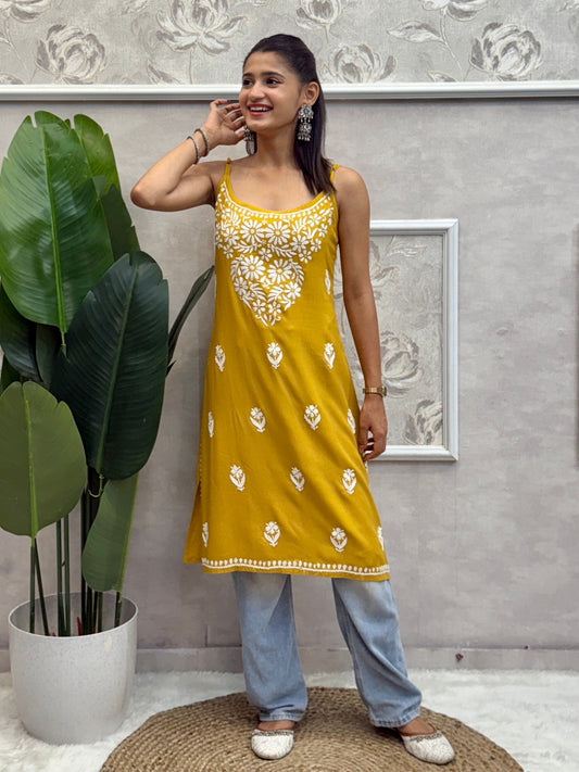Mustard sleeveless Lucknow Chikankari short kurta with hand embroidery