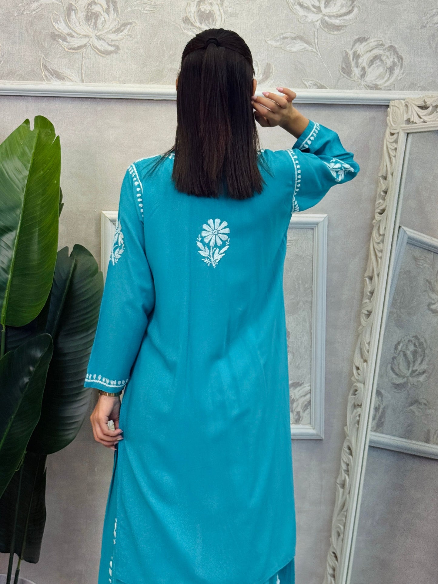 Turquoise rayon chikankari kurta and Afghani pant set with white hand embroidery