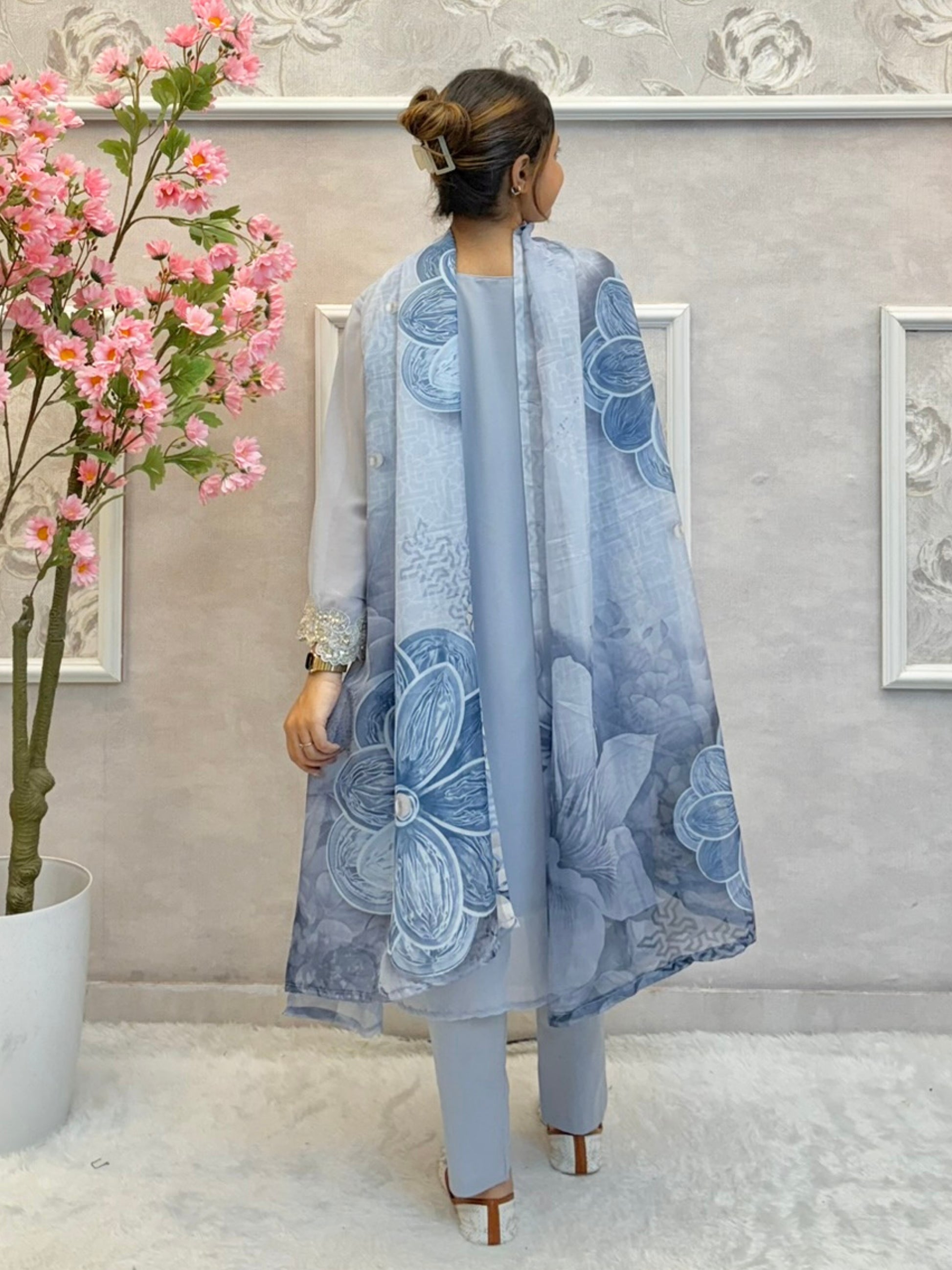 Powder blue embroidered georgette kurta with cotton pant and printed dupatta