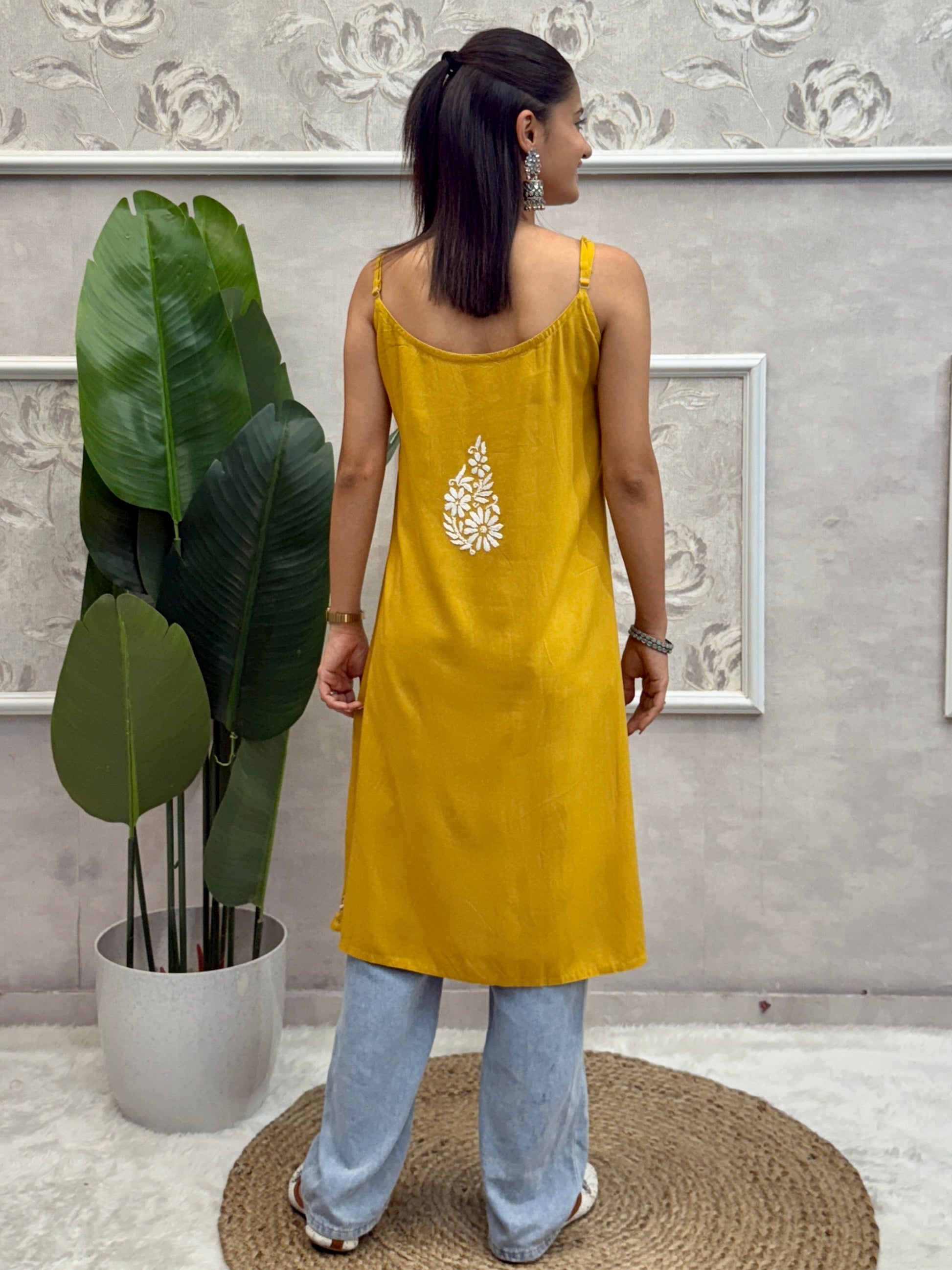 Mustard sleeveless Lucknow Chikankari short kurta with hand embroidery