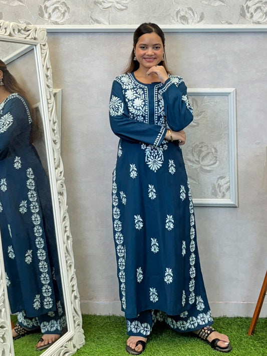 Teal blue Roman silk Lucknowi Chikankari kurta and pant set with elegant white hand embroidery