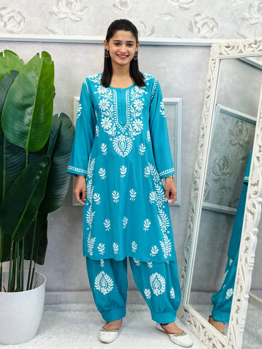 Turquoise rayon chikankari kurta and Afghani pant set with white hand embroidery