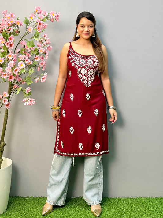 Maroon rayon sleeveless chikankari short kurta with hand embroidery