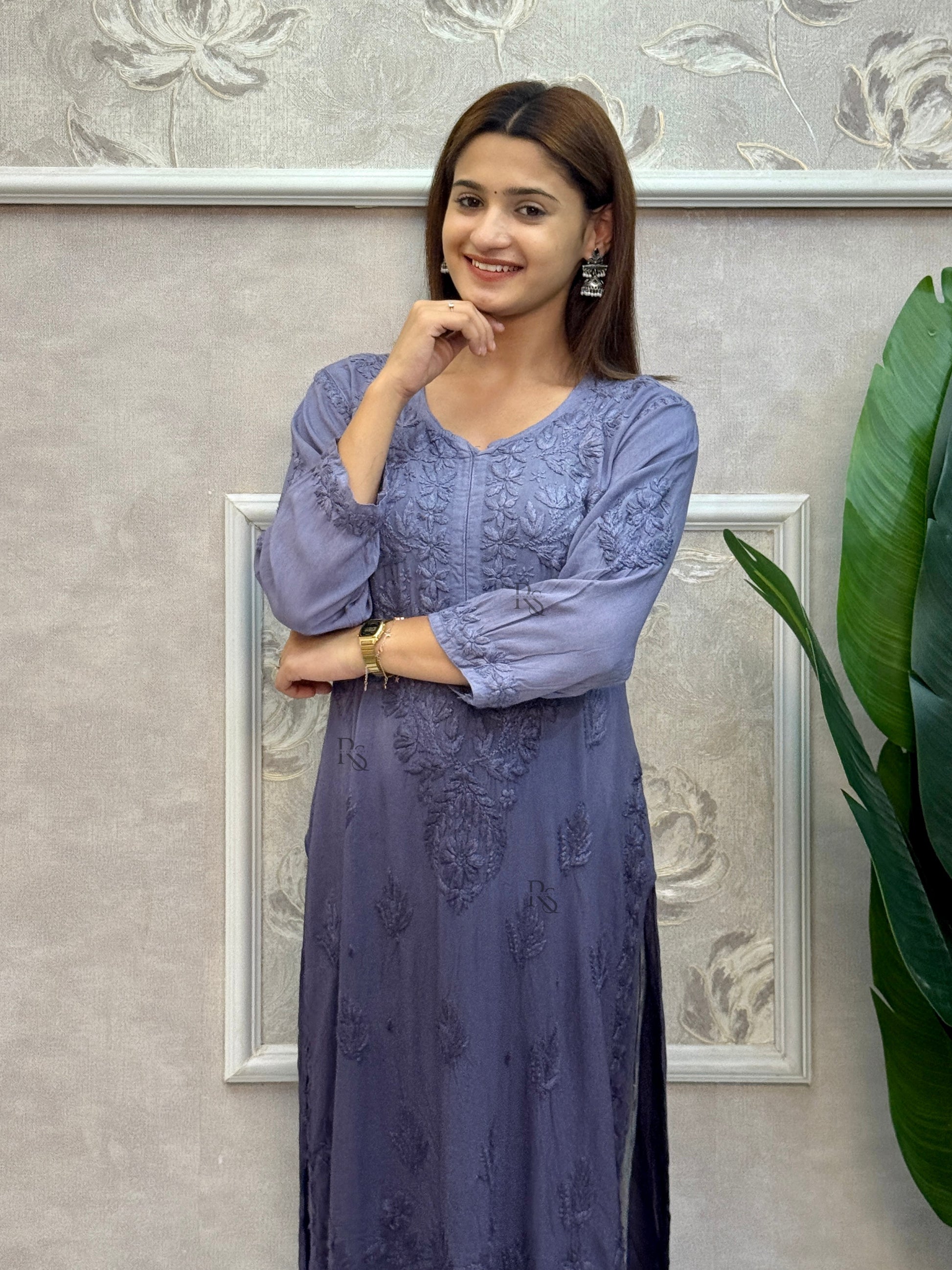 Grey Lucknow chikankari modal kurta with hand embroidery