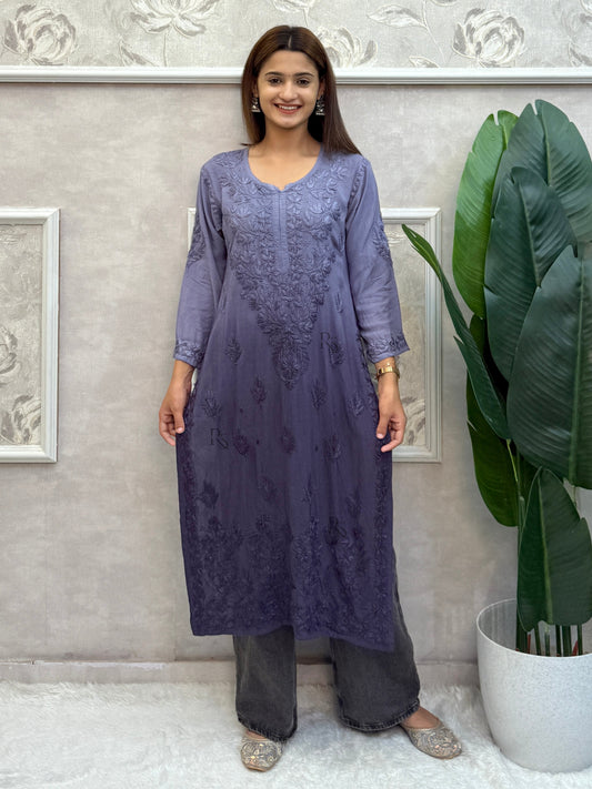 Grey Lucknow chikankari modal kurta with hand embroidery
