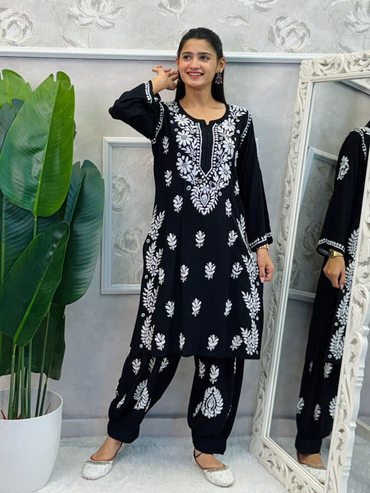 Black rayon chikankari kurta and Afghani pant set with white hand embroidery – soft and comfortable