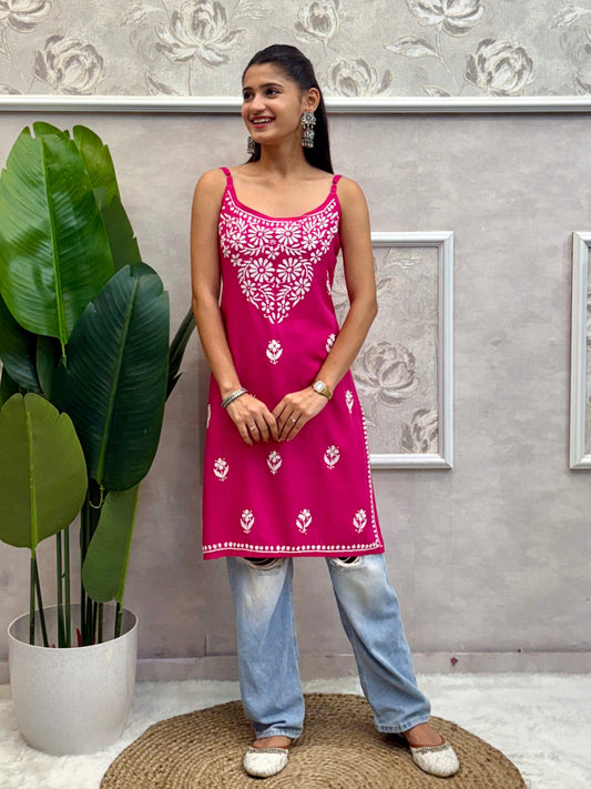Magenta Pink sleeveless Lucknow Chikankari short kurta with hand embroidery