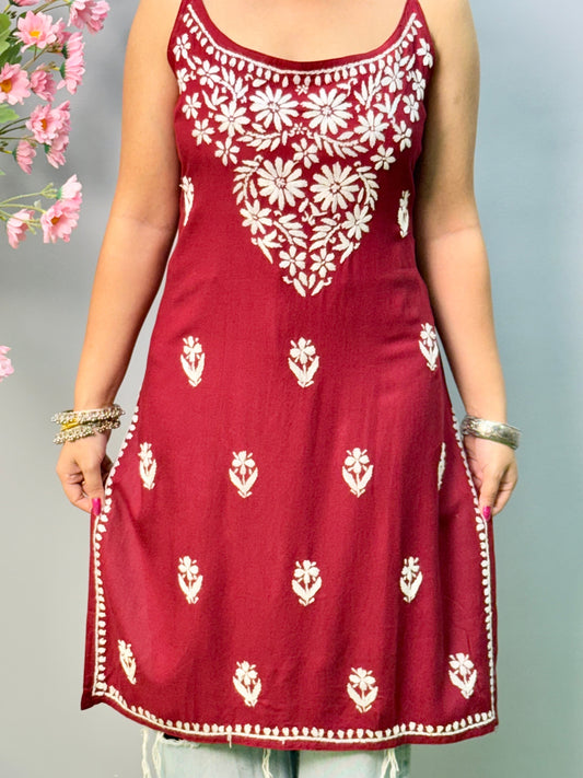 Maroon rayon sleeveless chikankari short kurta with hand embroidery