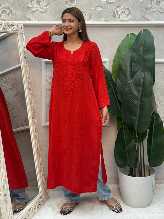Red rayon Lucknow Chikankari kurta with intricate hand embroidery.