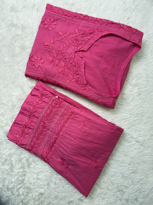 Pink cotton chikankari pocket style short kurta with pant and hand embroidery