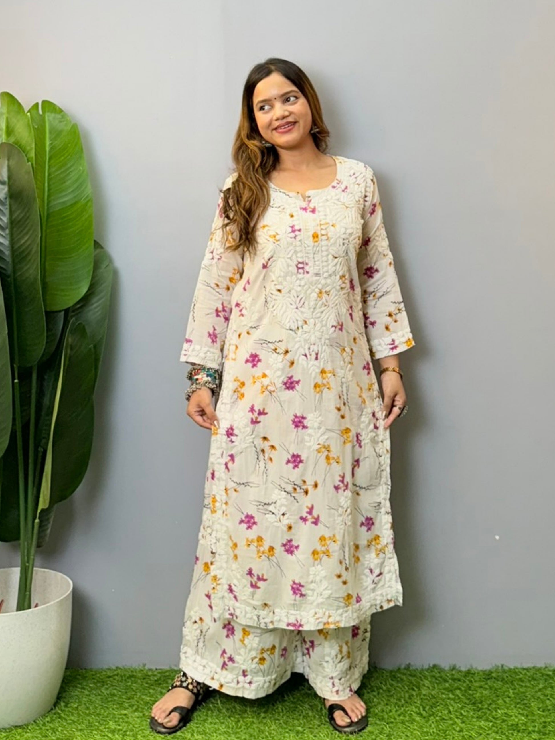 White mulmul chikankari kurta and palazzo set with multicolor floral print and 3D hand embroidery