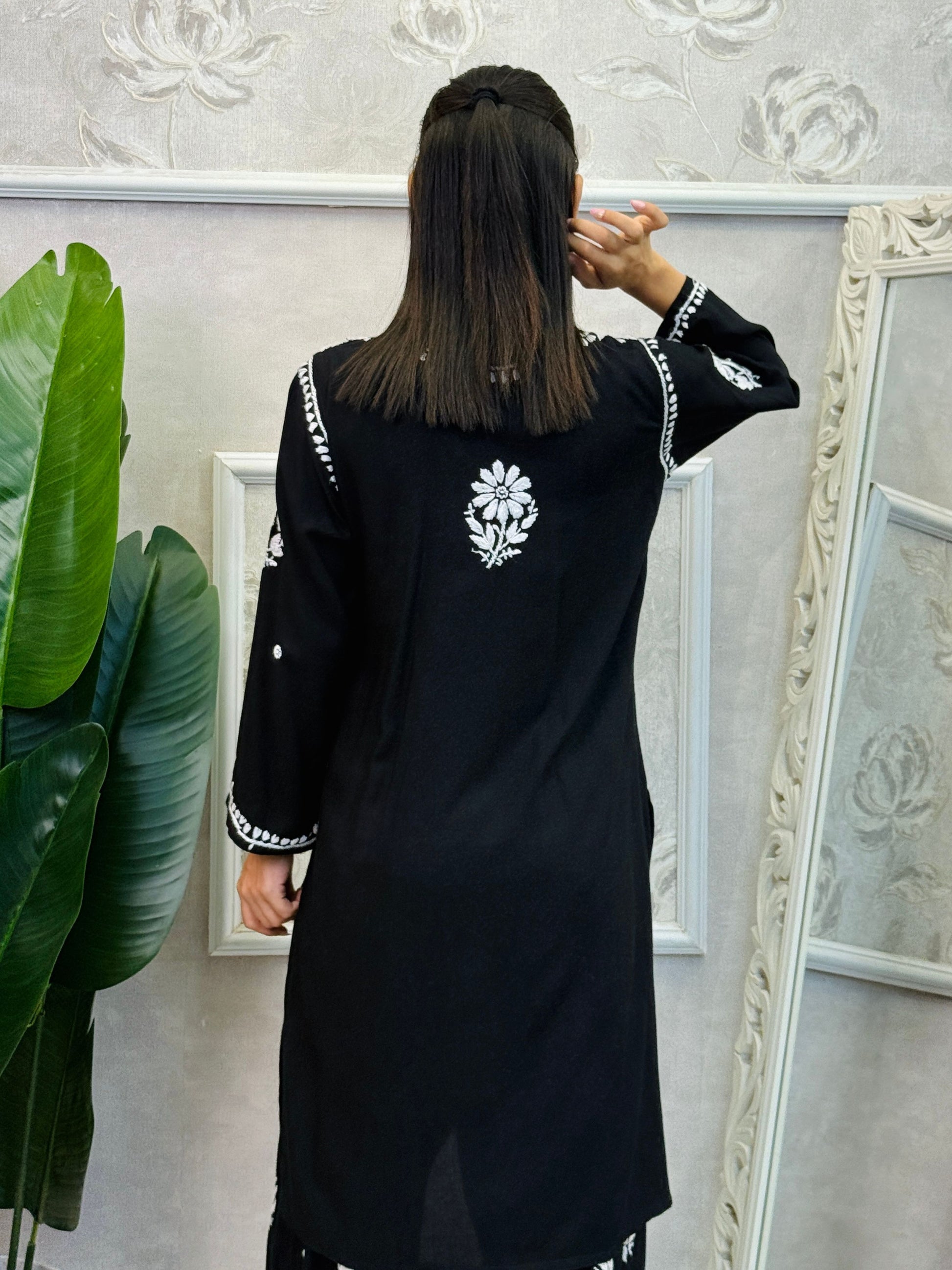 Black rayon chikankari kurta and Afghani pant set with white hand embroidery – soft and comfortable