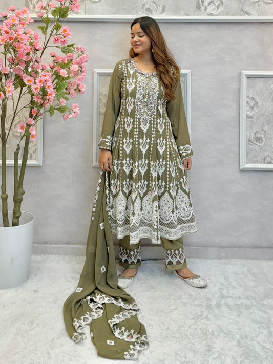 Olive green georgette flared kurta set with hand embroidery, satin pant, and embroidered dupatta – festive ethnic suit