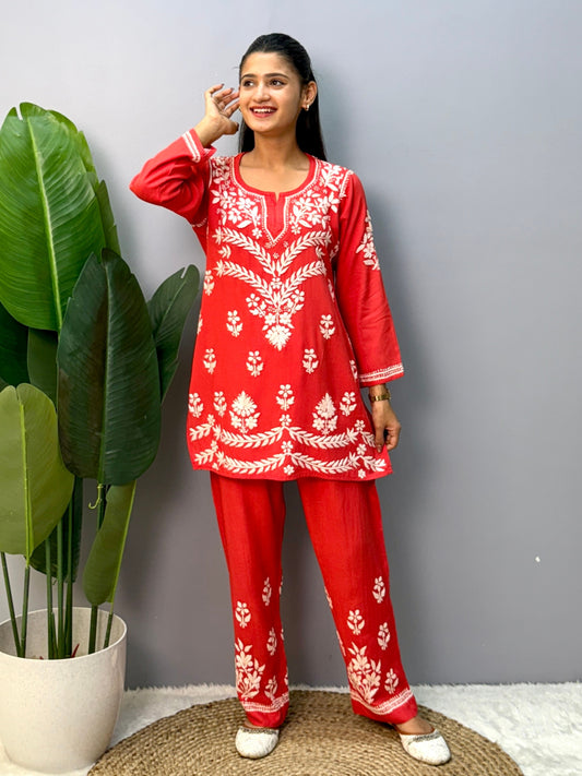 Red rayon chikankari short kurta and pant set with printed design and hand embroidery