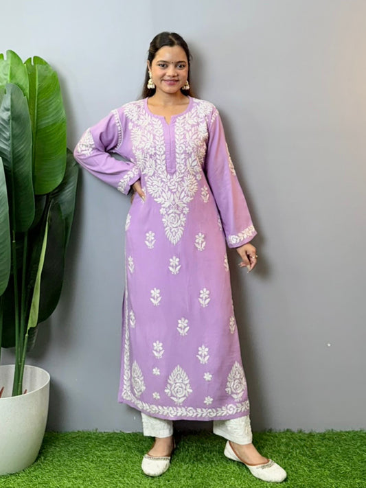 Lavender modal kurta with hand-embroidered white Chikankari in floral patterns