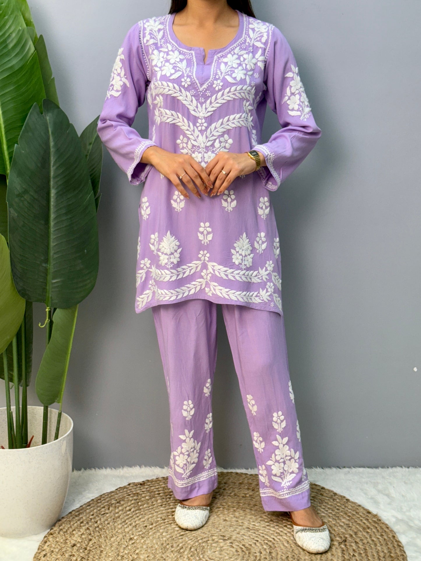 Lavender rayon chikankari short kurta and pant set with white embroidery