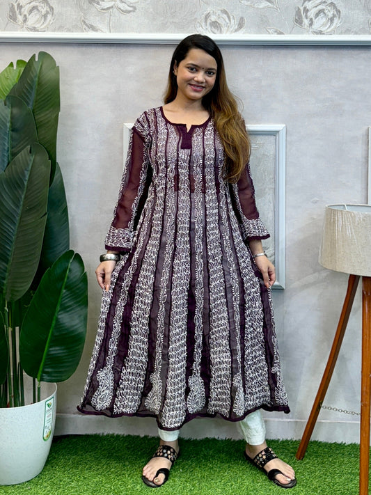 Maroon Lucknow Chikankari georgette kurta with hand embroidery, soft and elegant festive wear.