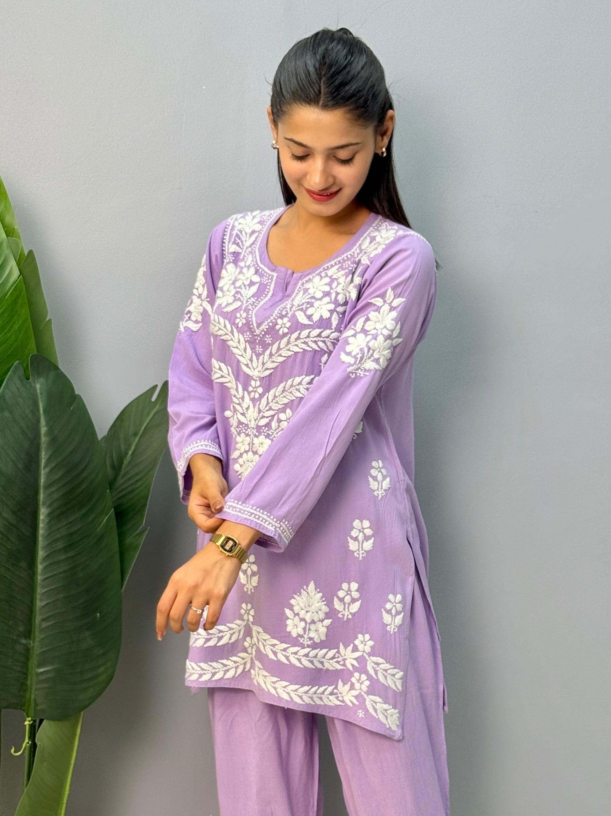 Lavender rayon chikankari short kurta and pant set with white embroidery