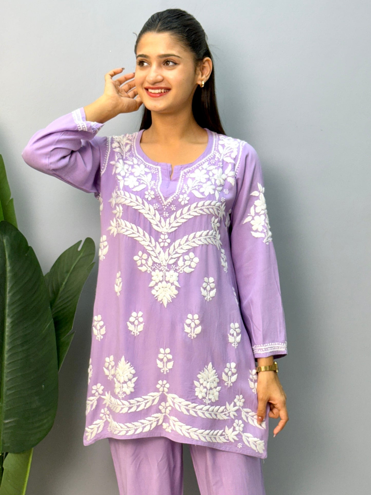 Lavender rayon chikankari short kurta and pant set with white embroidery
