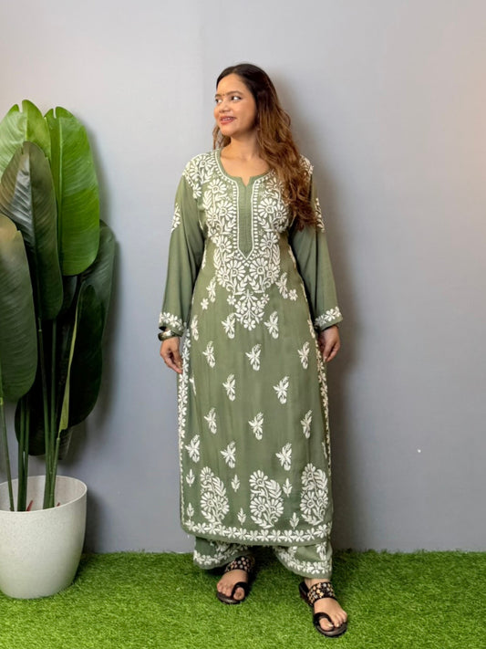 Sage green modal chikankari kurta and palazzo set with white hand embroidery