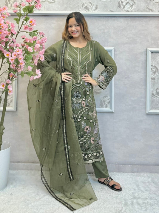Olive green embroidered georgette kurta set with cotton pant and organza dupatta