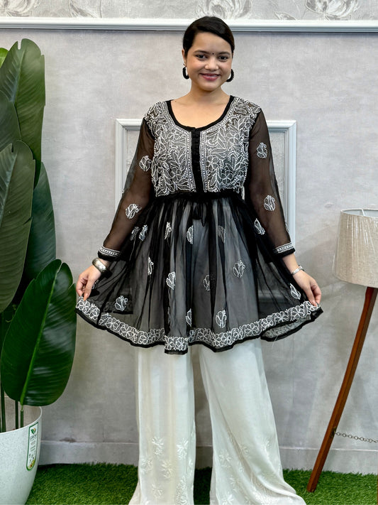 Black Georgette Lucknow Chikankari Flair Short Kurta with white hand embroidery – elegant and soft premium wear