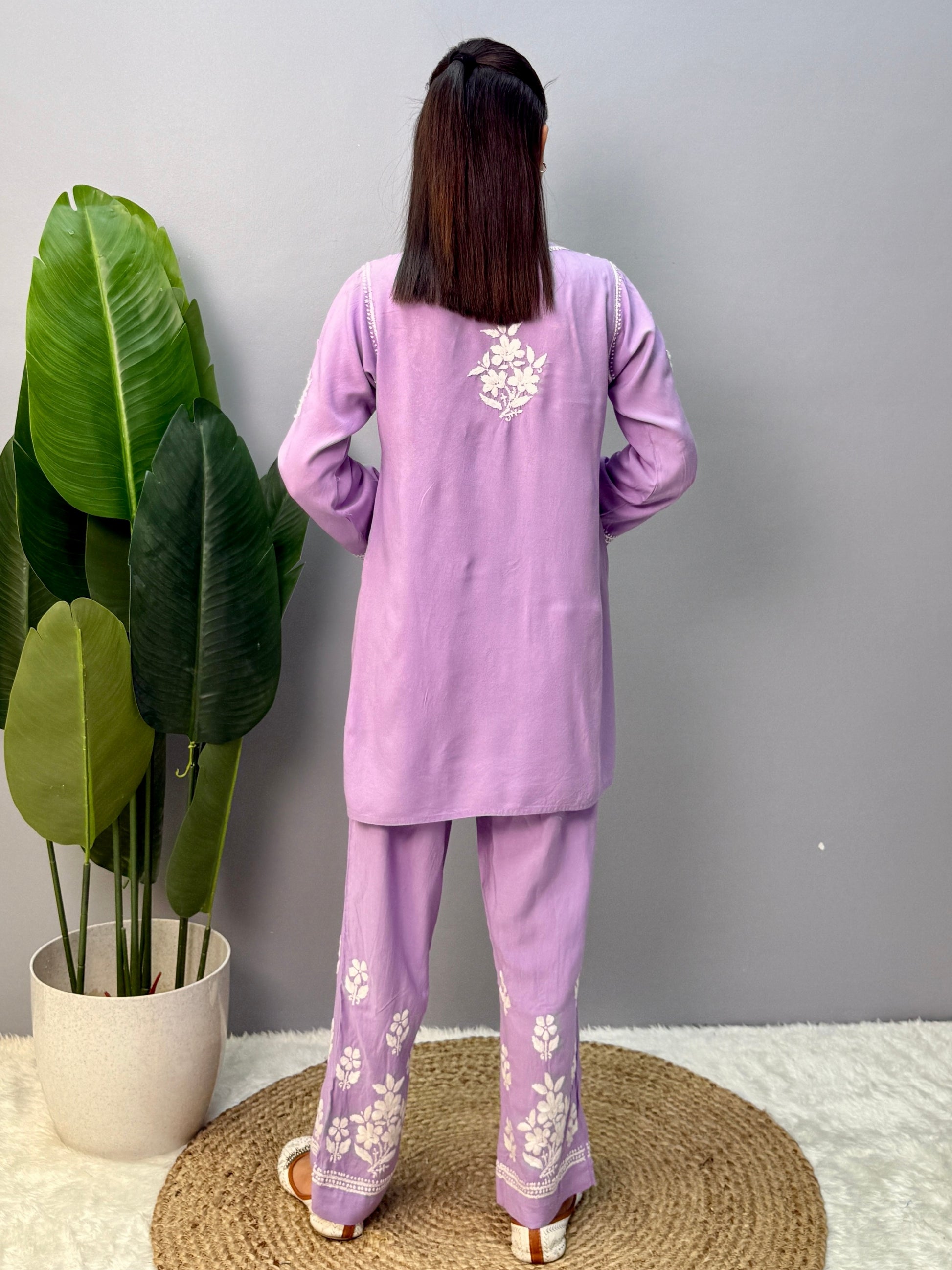 Lavender rayon chikankari short kurta and pant set with white embroidery