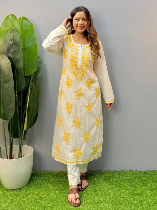 White cotton chikankari kurta with hand embroidery