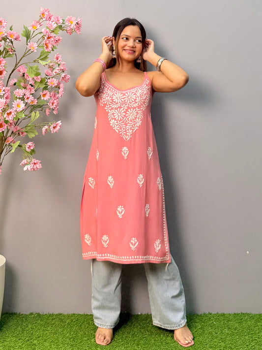 Peach pink rayon sleeveless short Lucknow Chikankari kurta with hand embroidery
