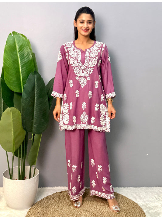 Mauve rayon short kurta with matching palazzo pants featuring authentic Lucknow Chikankari hand embroidery.
