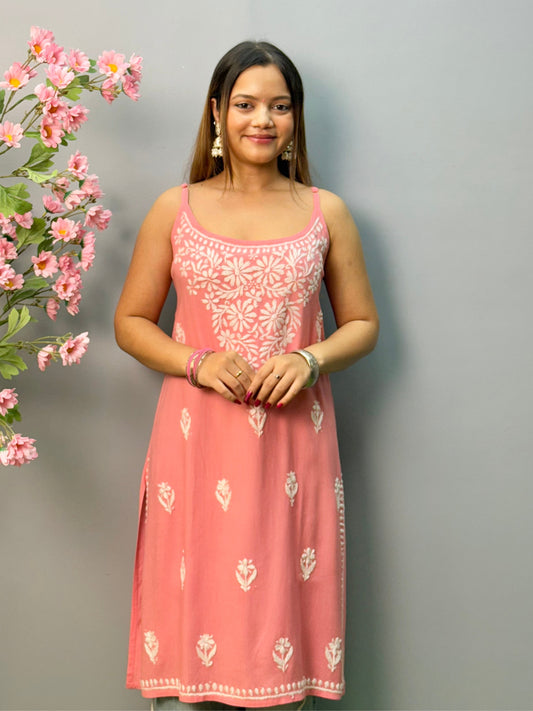 Peach pink rayon sleeveless short Lucknow Chikankari kurta with hand embroidery