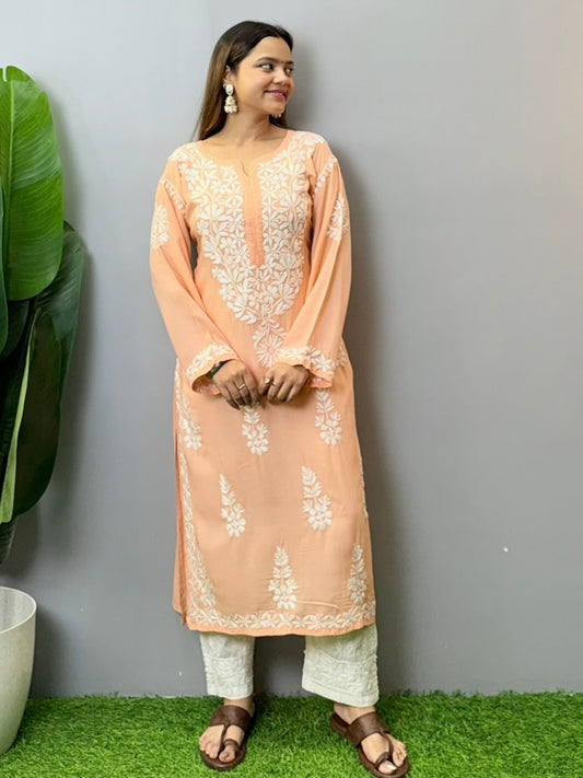 Peach modal kurta featuring intricate white hand Chikankari embroidery