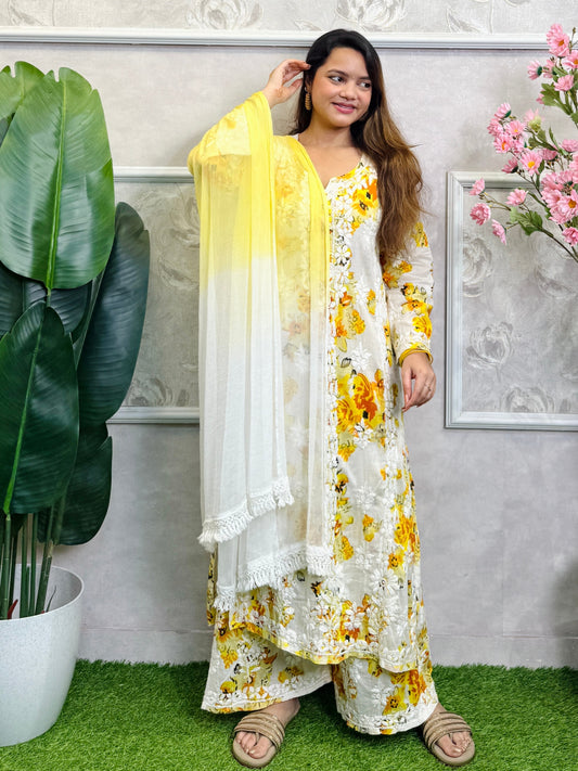 Lucknow Chikankari yellow floral printed mulmul kurta palazzo set with chiffon dupatta and hand embroidery
