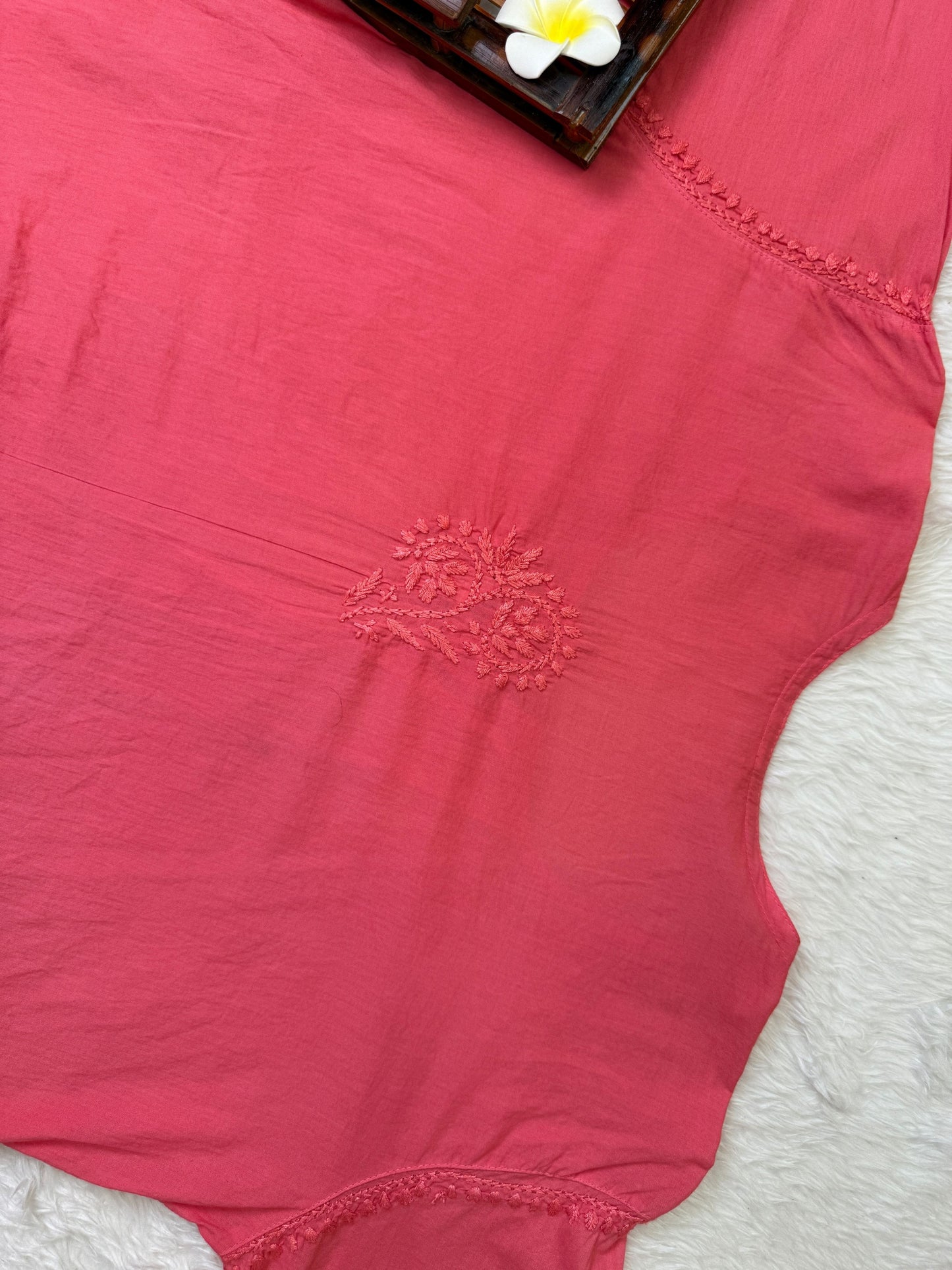 Coral pink cotton short flair chikankari kurta with pant and hand embroidery