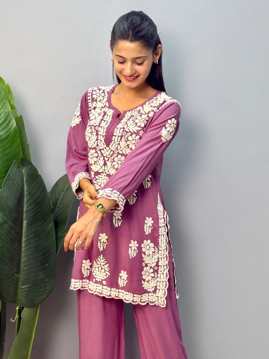 Mauve rayon short kurta with matching palazzo pants featuring authentic Lucknow Chikankari hand embroidery.