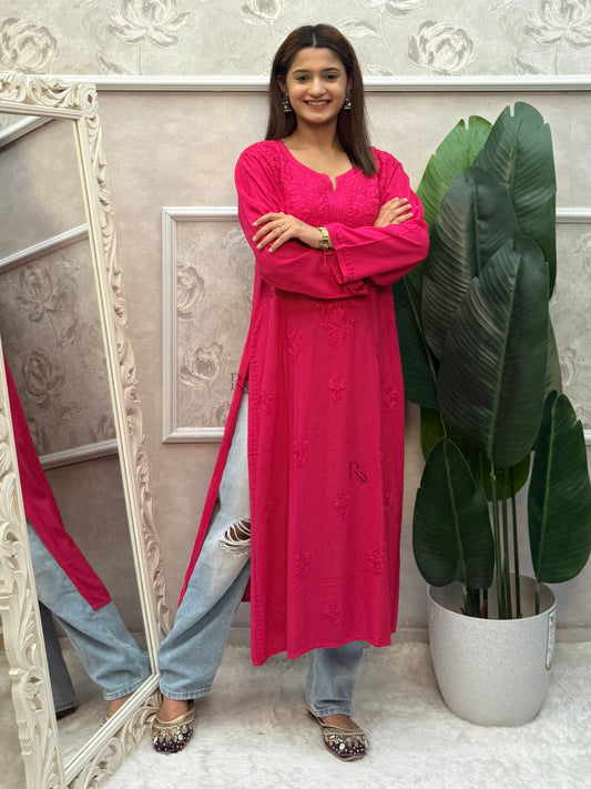 Fuchsia pink Lucknow chikankari rayon kurta with hand embroidery