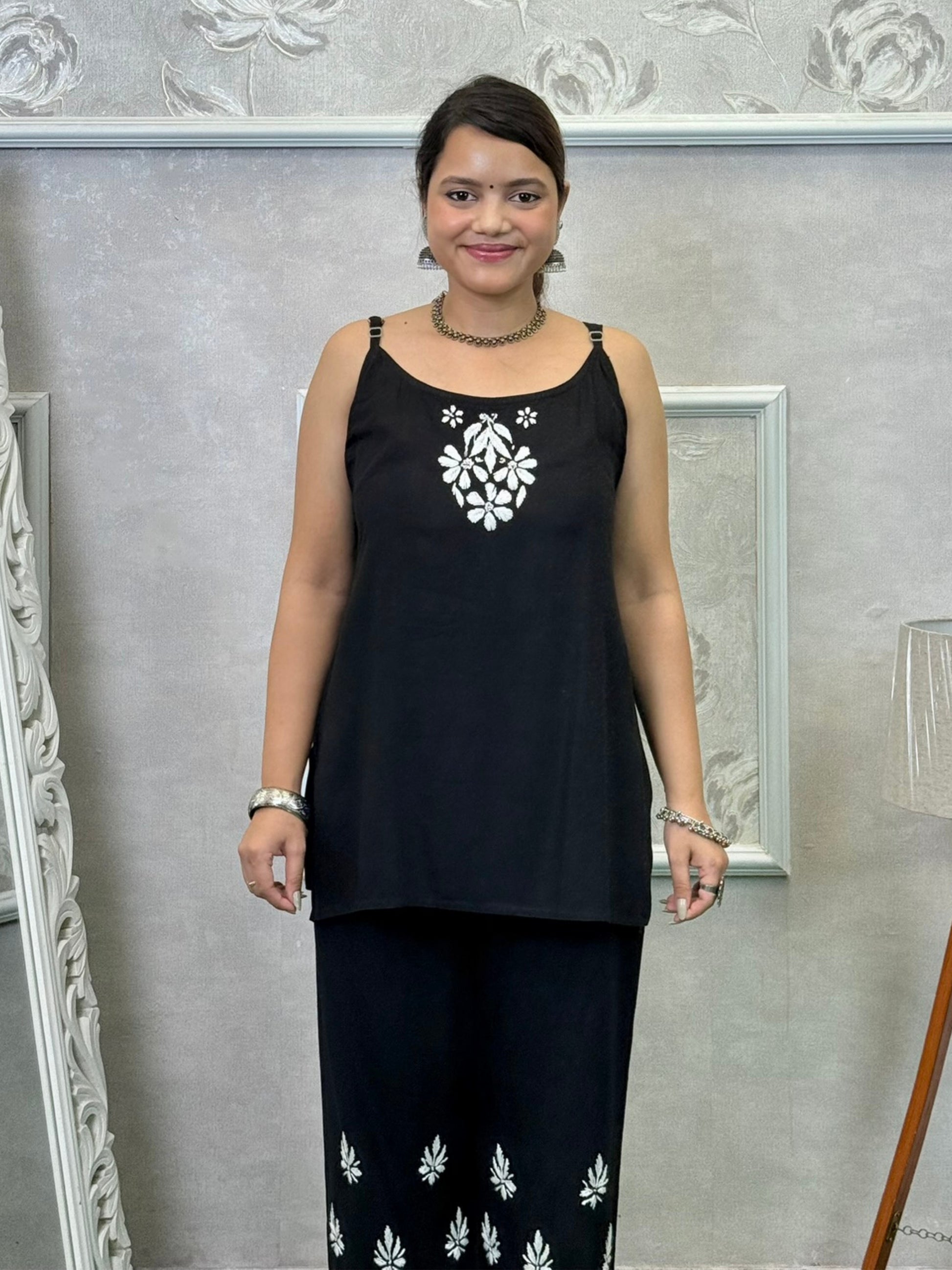 Black Lucknowi Chikankari 3-piece rayon set with sleeveless kurta, embroidered shrug, and pant