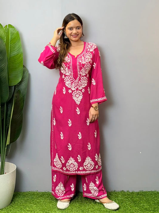 Magenta rayon chikankari kurta and palazzo set with white hand embroidery