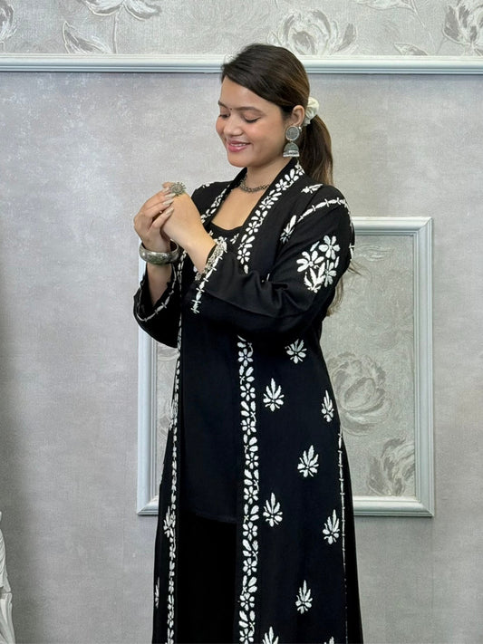 Black Lucknowi Chikankari 3-piece rayon set with sleeveless kurta, embroidered shrug, and pant