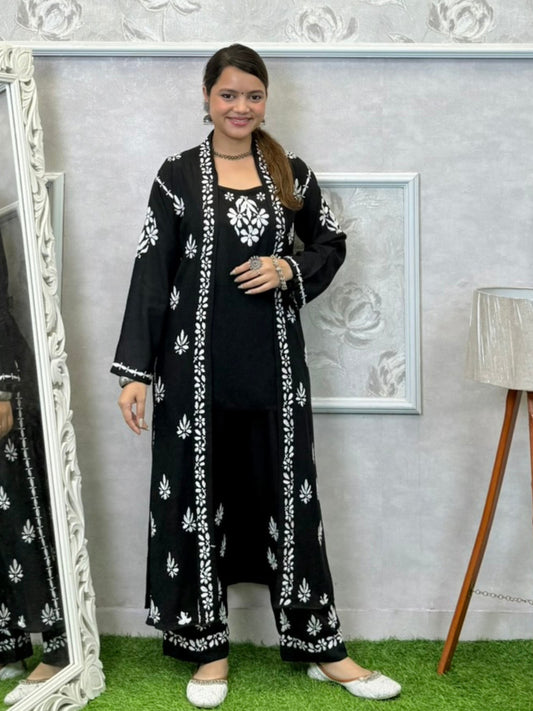 Black Lucknowi Chikankari 3-piece rayon set with sleeveless kurta, embroidered shrug, and pant
