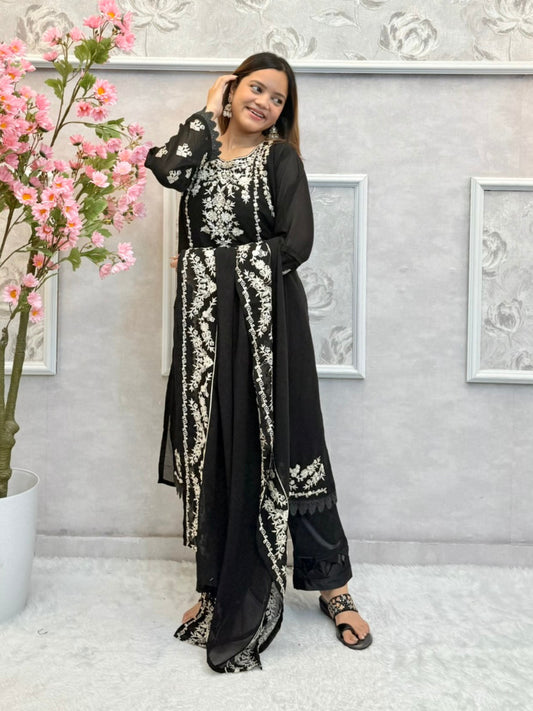 Black georgette designer kurta set with ivory hand embroidery and matching dupatta