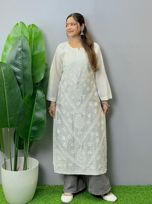 White Chanderi kurta with all-over Lucknowi Chikankari embroidery, premium quality, dyable and versatile