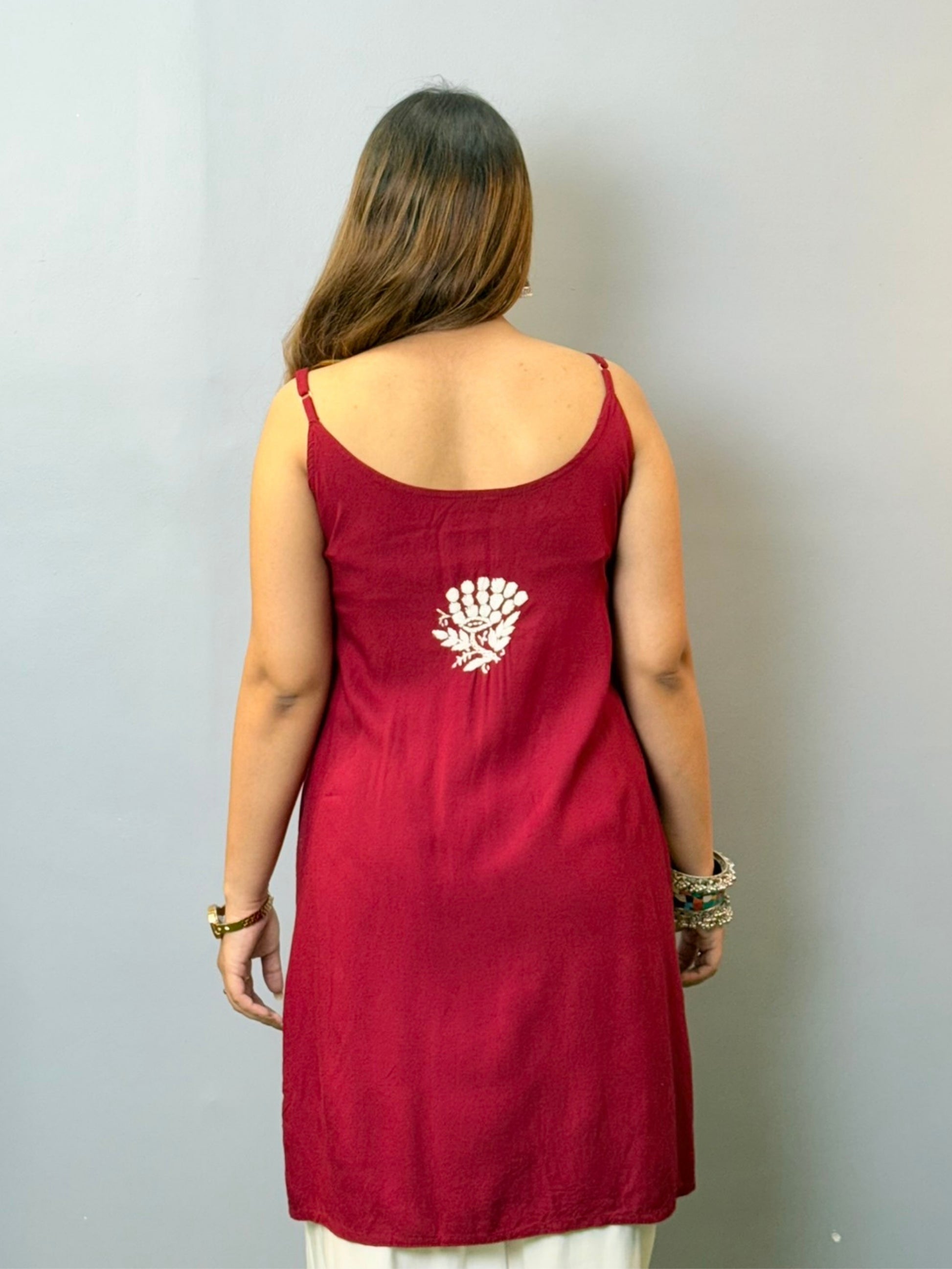 Maroon sleeveless rayon Lucknowi Chikankari short kurta with white hand embroidery