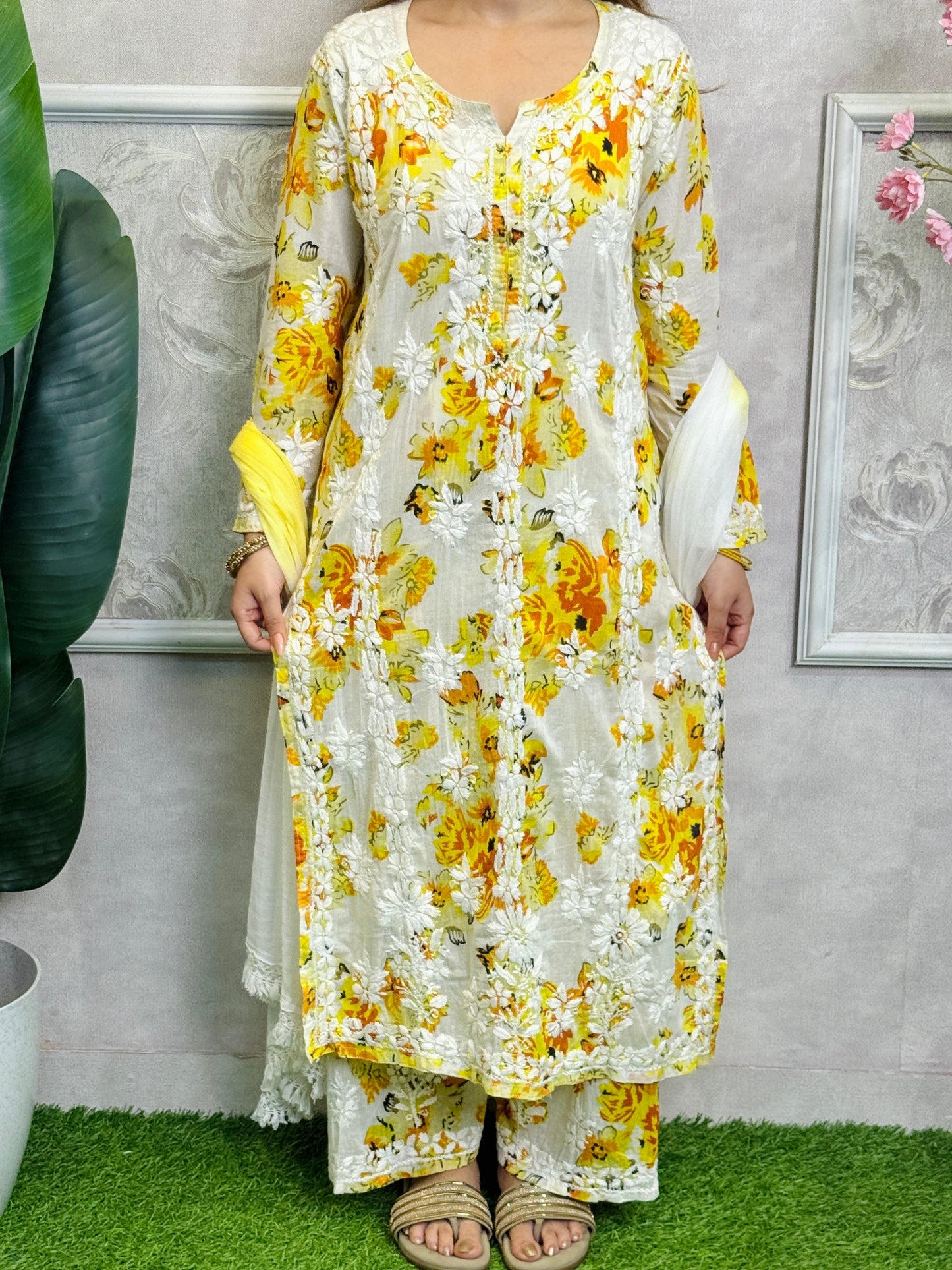 Lucknow Chikankari yellow floral printed mulmul kurta palazzo set with chiffon dupatta and hand embroidery